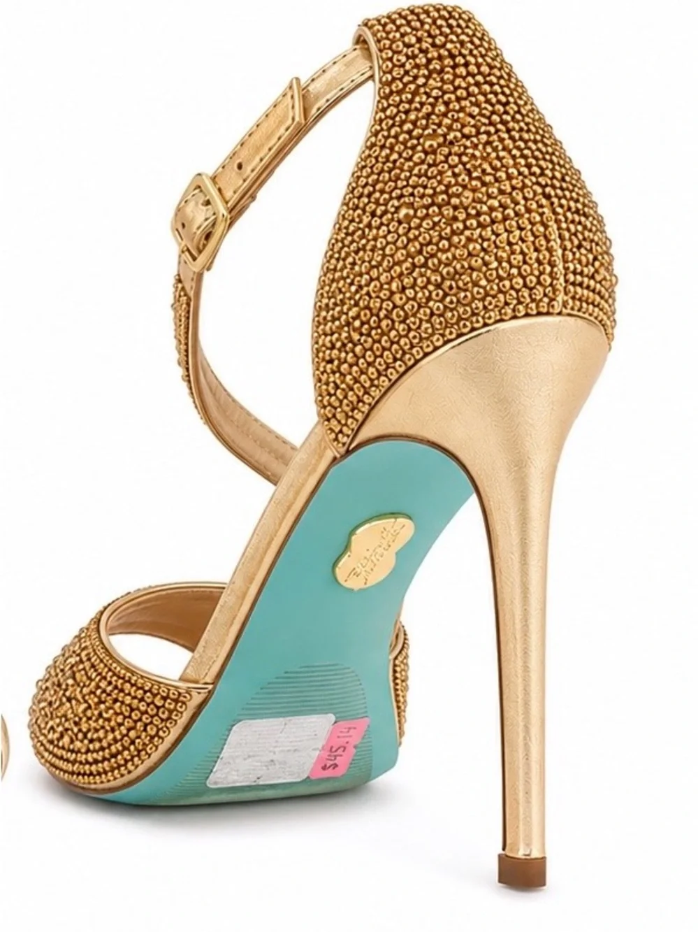 Blue by Betsey Johnson Gold Beaded Peep-Toe High Heels with Aqua Heel Accent 6.5